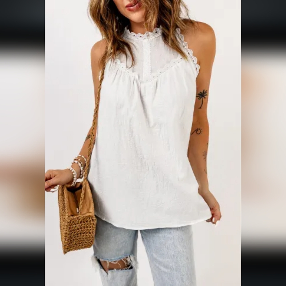 New White high neck crochet trim cotton tank